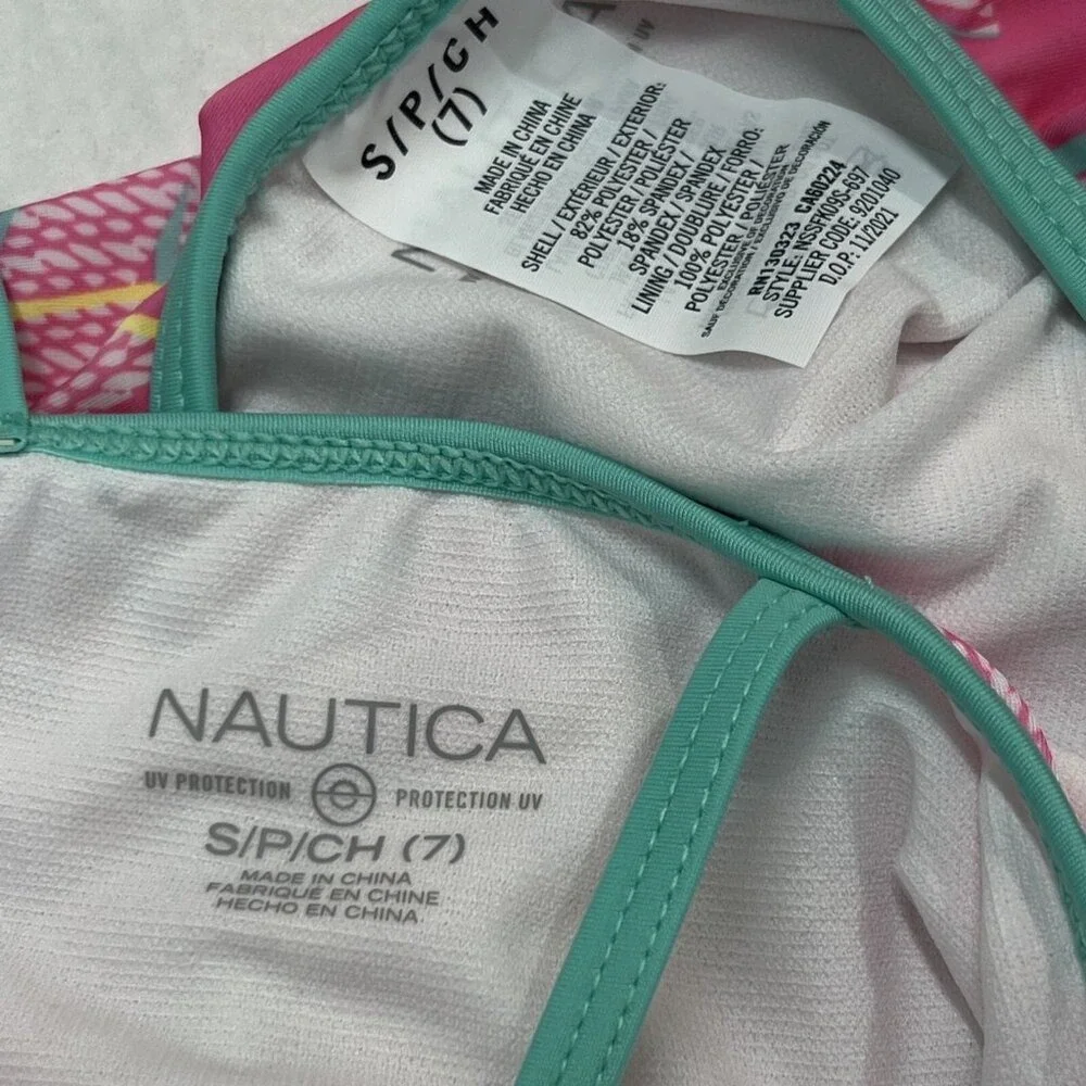Nautica Swimsuit Pink Palm Tree Print Bikini Tank Girls 7 Vacation Tropical Pool